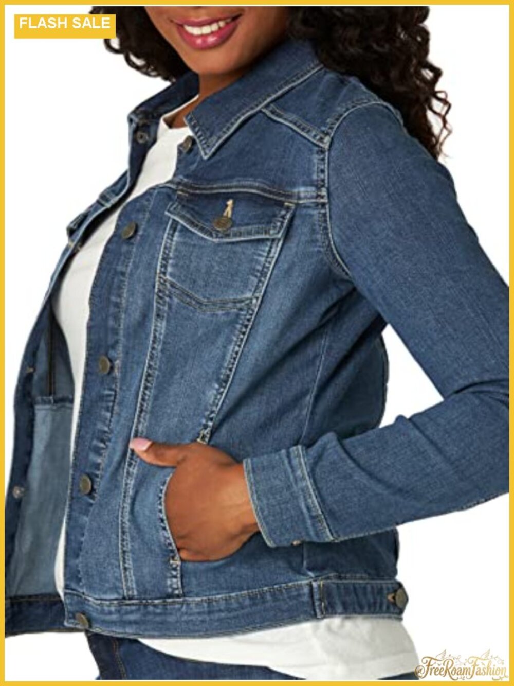 Women's Classic Fit Stretch Denim Jacket with Button Flap Pockets - Picture 3 of 5